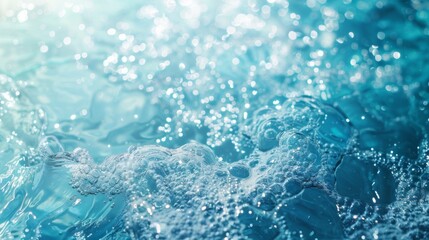 Obraz premium A depiction of bubbles and light patterns on a serene aqua water surface, capturing the tranquility and fluid dynamics of the liquid environment in intricate detail.