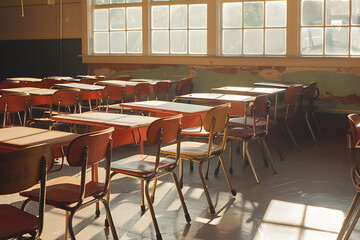 Fototapeta premium Empty classroom with red chairs and desks, nostalgic and hopeful, perfect for back to school, education, and childhood memories. 