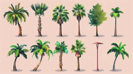 Fototapeta premium An illustration showcasing a collection of palm trees, each rendered in a unique and stylized form, highlighting the versatility and aesthetic appeal of tropical plants.