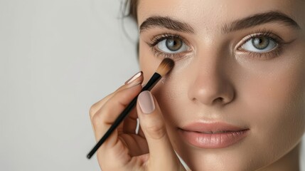 Fototapeta premium A woman is getting her makeup done. The woman has brown hair and is wearing a light brown eye shadow