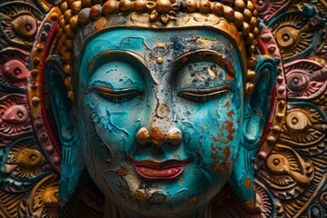 Fototapeta premium Antique buddha statue with weathered blue and gold paint emanating peacefulness