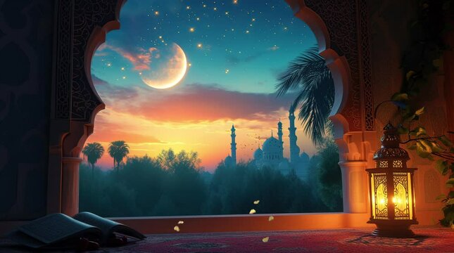 Traditional lantern on an ornate Arabic balcony overlooking a serene mosque landscape
 Seamless looping 4k time-lapse virtual video animation background. Generated AI
