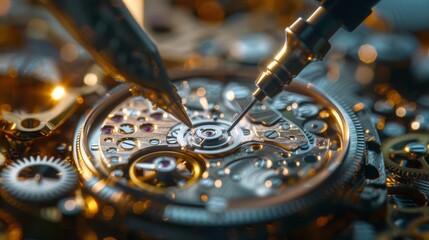 Close-up of watchmaker working on a mechanical watch. Intricate gears and components under magnification.