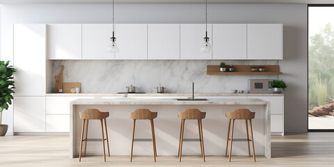 Modern kitchen with white cabinets and wooden bar stools, showcasing a minimalist and contemporary design for a stylish and functional space. 
