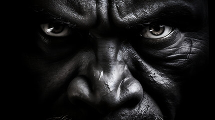 Close-up portrait, black white, intense, anger, fear,  human emotion,  intense gaze,  dramatic  and  dark. 