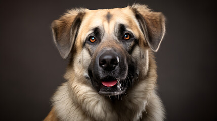 A brown and white dog with amber eyes looks directly at the camera, conveying loyalty, love and companionship, perfect for pet portraiture or animal shelter campaigns. 
