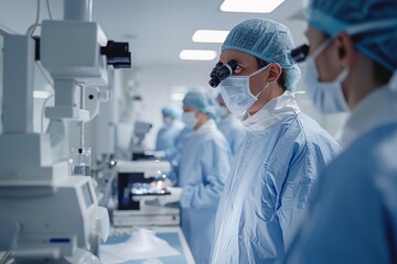 Scientist using advanced optical equipment in a laboratory. Modern microscopes and scientific apparatus in a research setting.