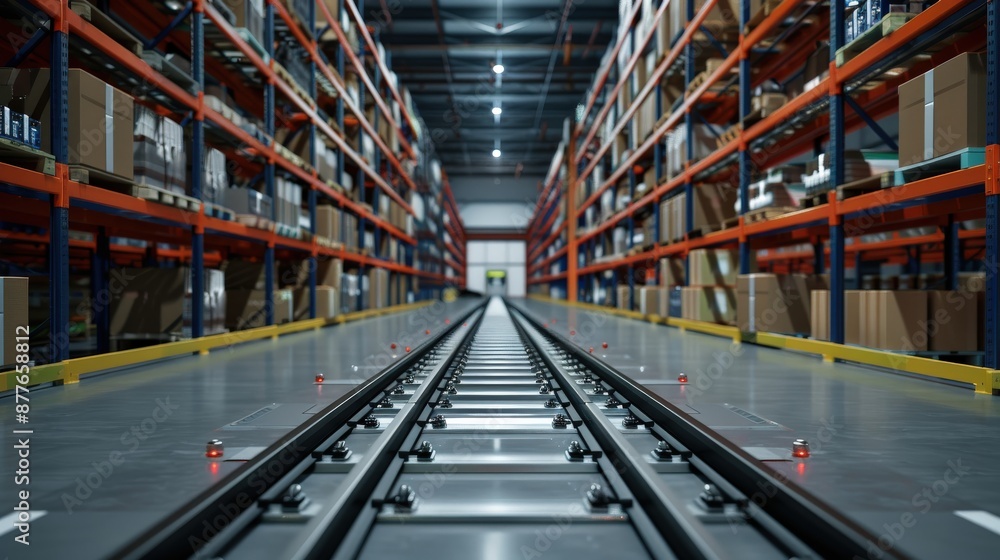 Poster a track is shown in a large warehouse. the track is empty and the warehouse is mostly empty