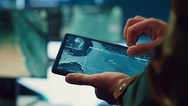 Navy operations specialist following hostile warship trajectory around the national waters, working on ensuring protection via satellite radar system on a tablet. IT professional. Close up. Camera A.