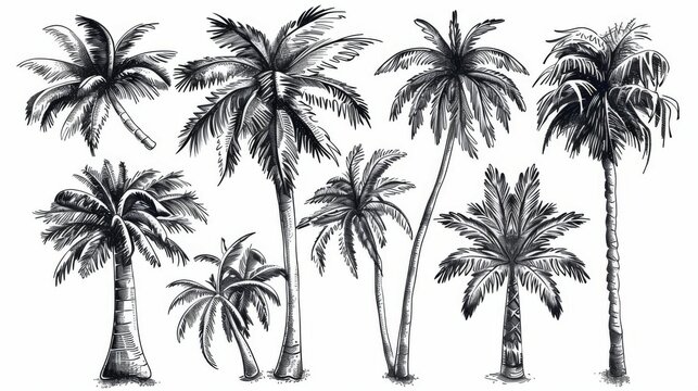 Artistic representation of seven palm trees, showcasing a range of styles and forms in black and white sketches, emphasizing the diversity of palm tree anatomy.