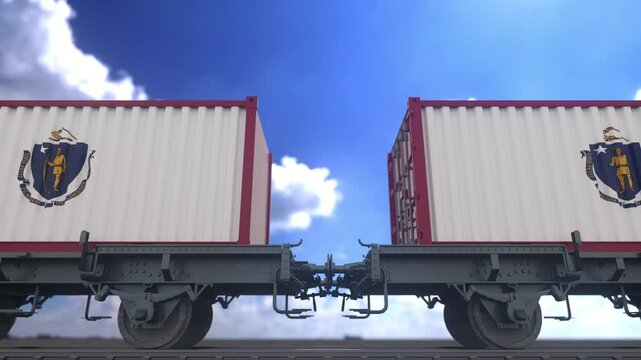 Massachusetts flag containers on the side of a train. Concept for Massachusetts import and export