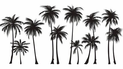 Obraz premium This image showcases several palm tree silhouettes set against a clean, white background, exuding a sense of calm and elegance, ideal for various design uses.