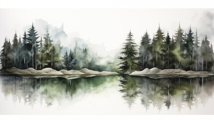 Double Exposure, White Background landscape scenes with water reflection illustration ~ Created using generative AI