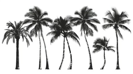 Obraz premium A collection of various types of palm trees illustrated with graceful silhouettes, showcasing each tree's distinct structure and a tropical ambiance against a dark background.