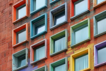 Fototapeta premium Modern building facade with colorful square windows and red brick wall