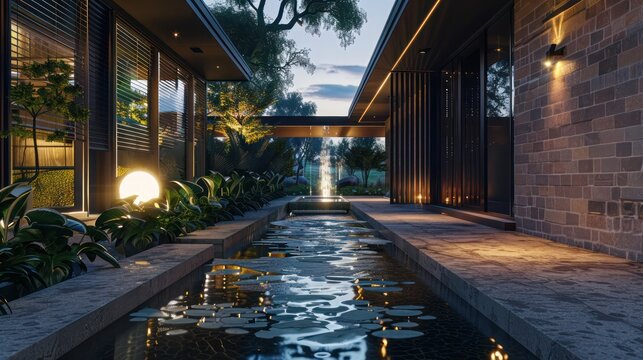 view of a suburban mid-century modern home with an elegantly designed front entryway that includes a custom water feature and ambient lighting