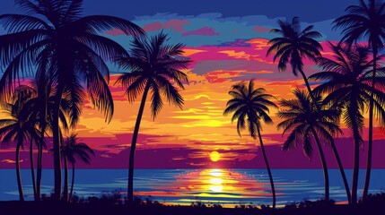 A vibrant scene capturing a stunning sunset view through silhouettes of palm trees on a beach. An evocative image representing calm and peaceful evening vibes.