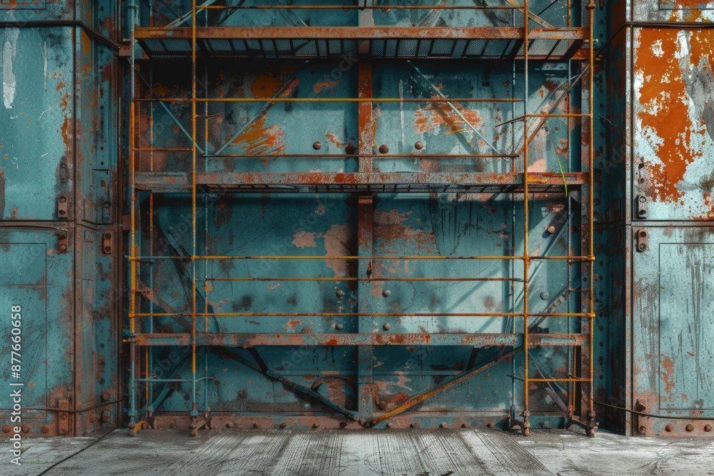 Poster rusty scaffolding in an abandoned building, suitable for urban exploration or construction theme