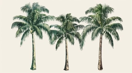 Obraz premium A clear illustration of three tall palm trees with green fronds on a light beige backdrop, bringing out the tropical ambiance and natural elegance of the trees.