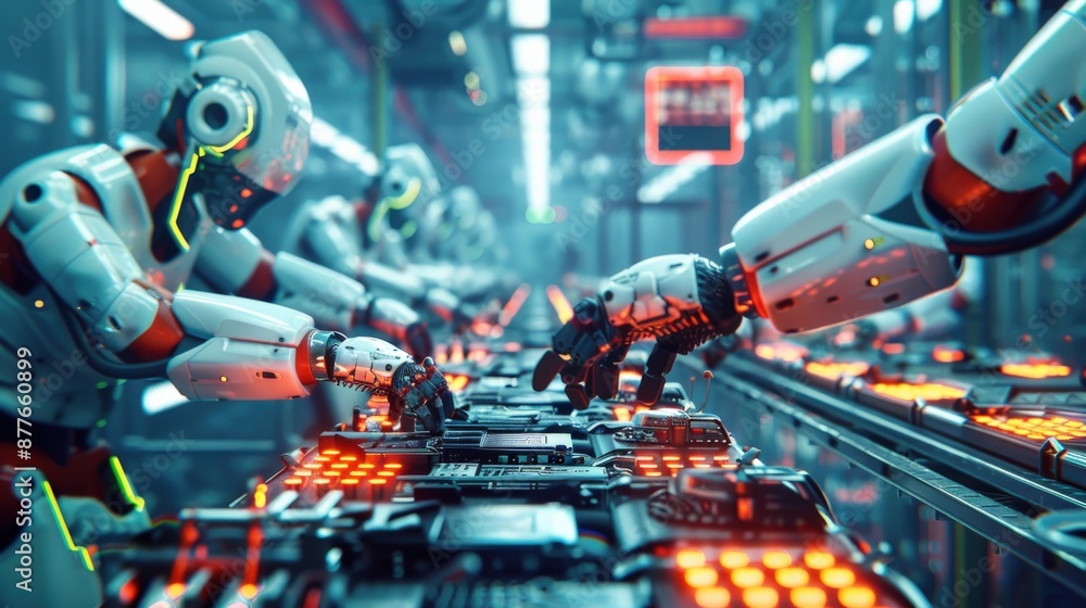 Poster a robot is working in a factory, surrounded by other robots