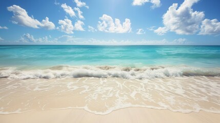 Fototapeta premium A breathtaking view of a vivid turquoise sea with waves gently caressing the soft white sandy shore, under a pristine blue sky dotted with fluffy clouds.