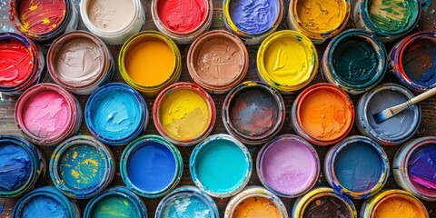 Vivid assortment of paint cans in various colors on wooden table, top down view, perfect for artist studio or home renovation projects.