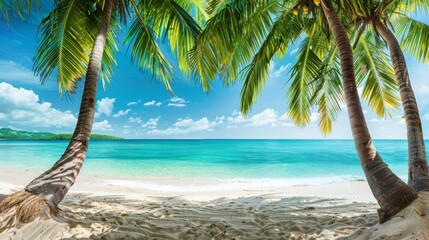 A view from under the shade of lush palm trees, revealing a sandy tropical beach meeting the vibrant blue sea, evoking a sense of calm and serenity in paradise.