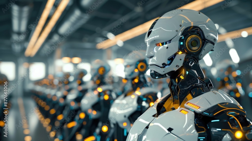 Poster a robot in a factory, surrounded by other robots