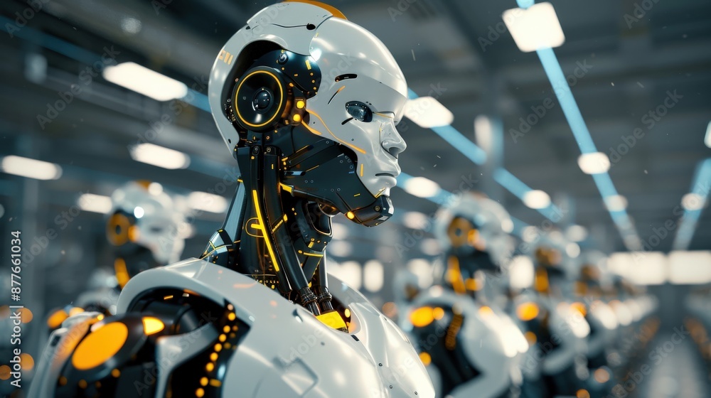 Poster a robot in a factory, surrounded by other robots