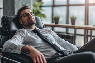 Businessman is taking a break from work, relaxing in a chair with his eyes closed
