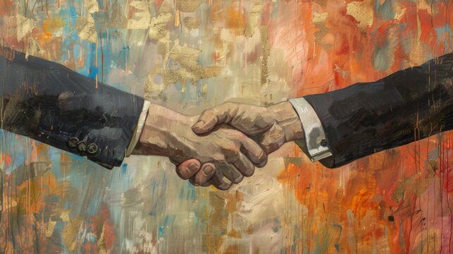 A realistic and artistic painting depicting two people shaking hands against a vivid abstract background filled with warm colors, symbolizing agreement and cooperation.