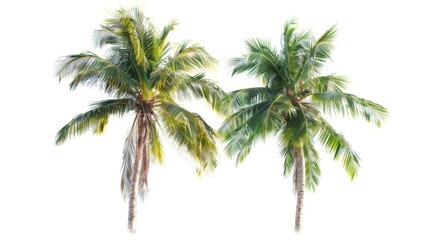 Obraz premium This image features two tropical palm trees with lush green fronds, standing against a white background, perfect for vacation and nature themes.