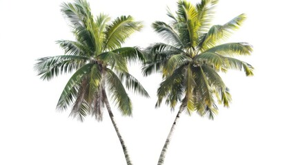 A serene image showcasing two tall palm trees with bright green leaves set against an uncluttered white background, representing nature and tranquility.