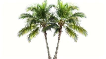Obraz premium An image displaying a pair of intertwined palm trees, highlighting their textures and greenery against a white backdrop, perfect for tropical designs.