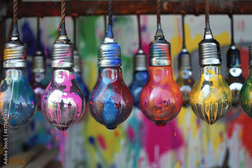 Poster row of colorful light bulbs are hanging and dripping with paint in front of a colorful background