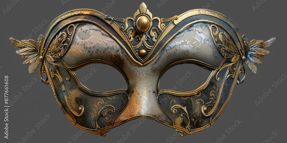 Poster a close-up shot of a metal mask featuring elaborate designs on a gray background, suitable for use i