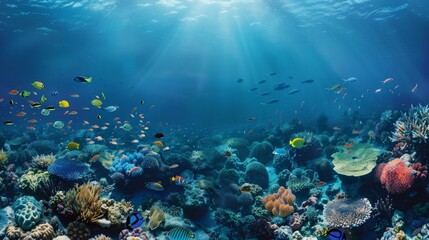 A vibrant and colorful coral reef teeming with diverse marine life, including various species of fish and coral, beautifully illuminated by rays of sunlight filtering through the water.