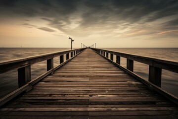 Tranquil wooden pier extends into the sea under a dramatic sunset sky