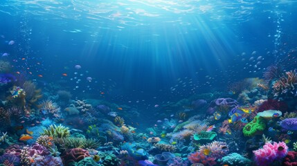 A lively underwater scene depicting an abundant coral reef teeming with marine life, including various species of fish and corals, beautifully highlighted by sunlight filtering through the water.