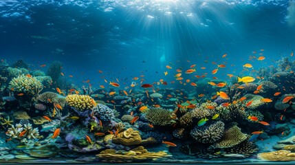 An underwater scene depicting a vibrant coral reef filled with a variety of colorful fish, all illuminated by beams of sunlight penetrating the ocean surface.