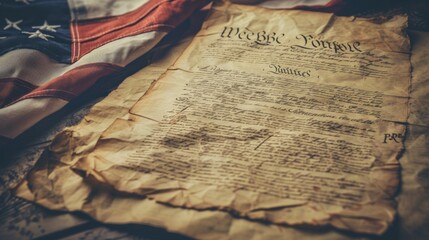 An image of an aged historic document opening with 'We the People,' laid on a table alongside a segment of the American flag, signifying American heritage and constitution.