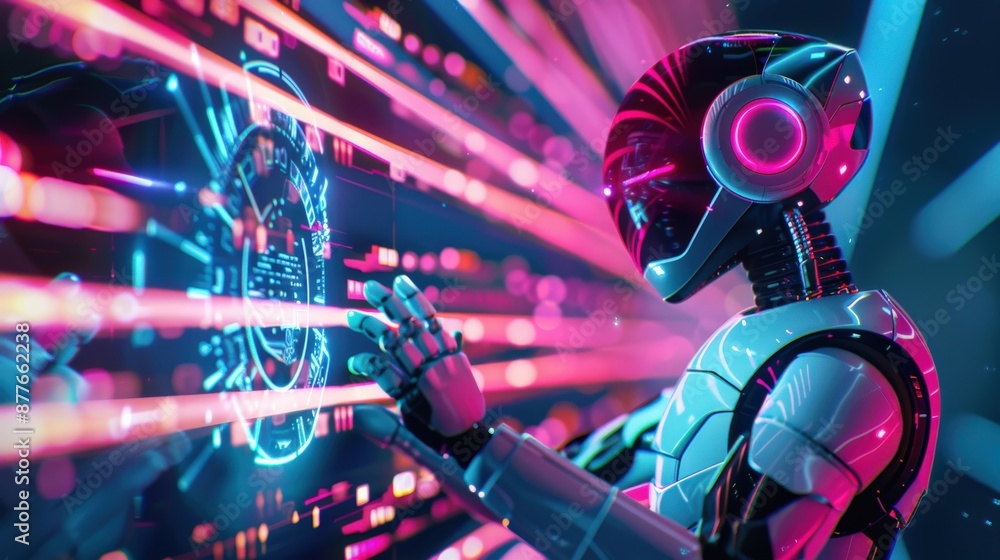 Poster a robot is shown on a screen with a glowing, neon background. the robot is reaching out to touch the