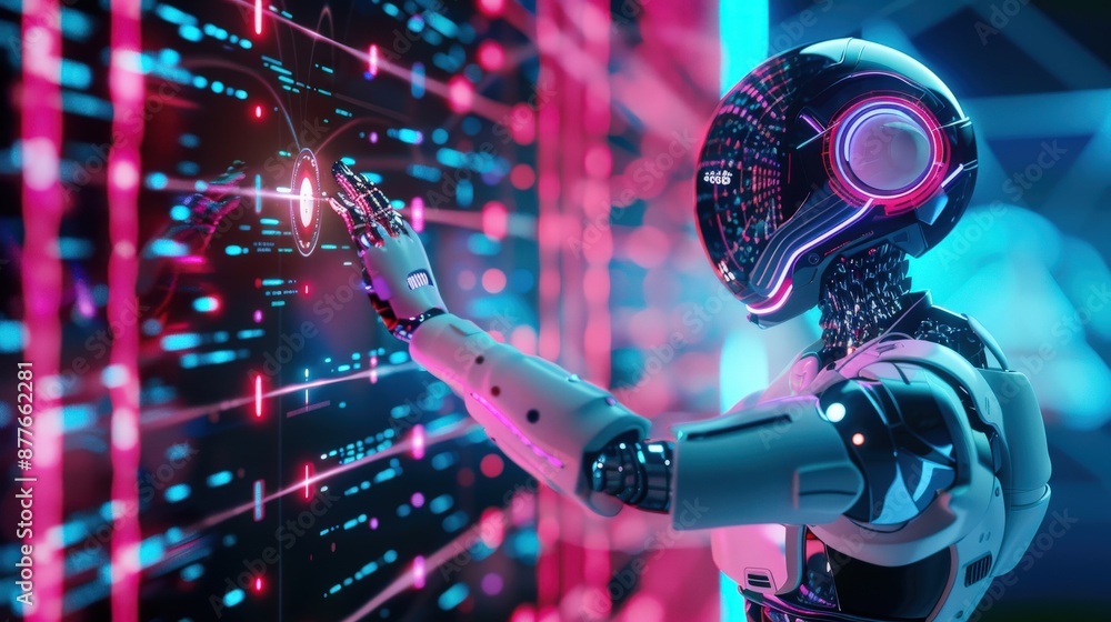 Poster a robot is shown on a screen with a glowing, neon background. the robot is reaching out to touch the