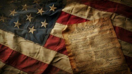 An aged document featuring the 'We the People' text prominently displayed atop an American flag backdrop, symbolizing the birth of American governance and foundational principles.