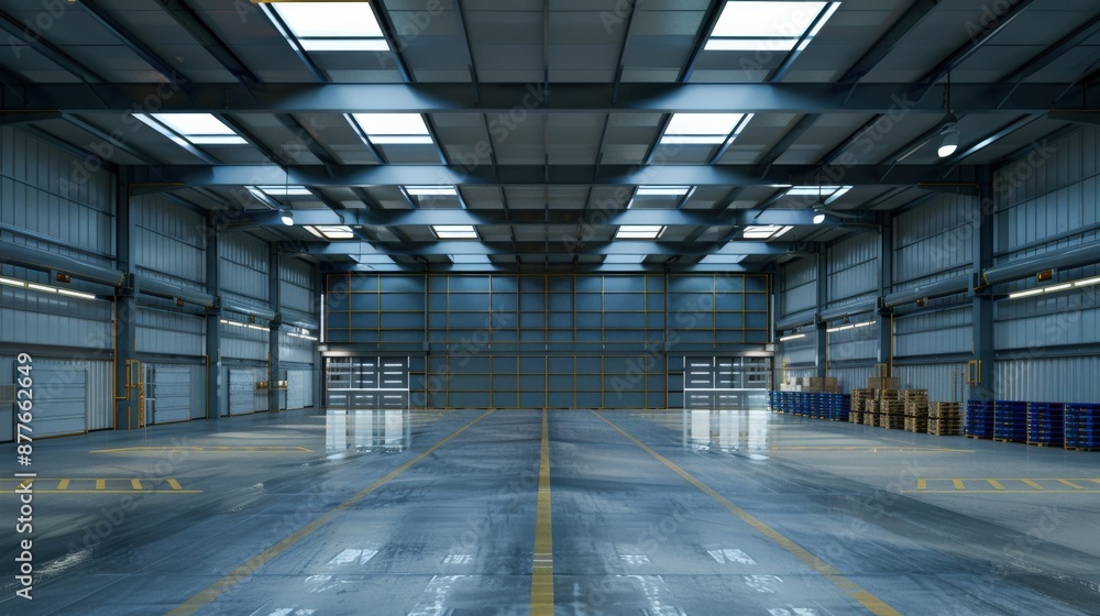 Poster a large warehouse with many shelves and boxes. the boxes are stacked on top of each other and the sh