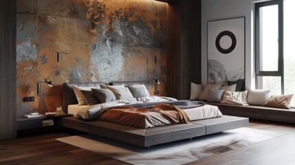 Contemporary suburban bedroom with a floating bed, minimalist decor, and a statement wall