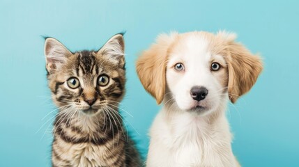 Adorable puppy and cat in front of light blue background gazing at the camera