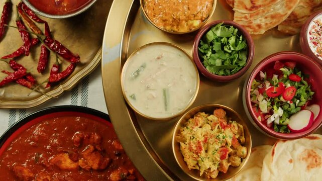Assorted indian Sri Lankan food set on wooden background. Dishes and appetisers of indeed cuisine, rice, lentils, paneer, samosa, spices, masala. Bowls and plates with indian food top view chicken