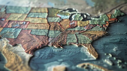 Fototapeta premium Intricate map of the United States showcasing all states with distinct boundaries, vibrant colors, and geographical details, emphasizing terrain and state borders.