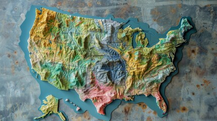 A colorful topographic map of the United States displaying terrain elevations and state boundaries, ideal for educational tools and geographic representations, detailing the American landscape.